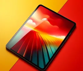 DALL·E 2024-05-27 04.58.34 - A sleek tablet with a modern design placed on a vibrant background. The background features bold, dynamic colors of red and yellow blending together i